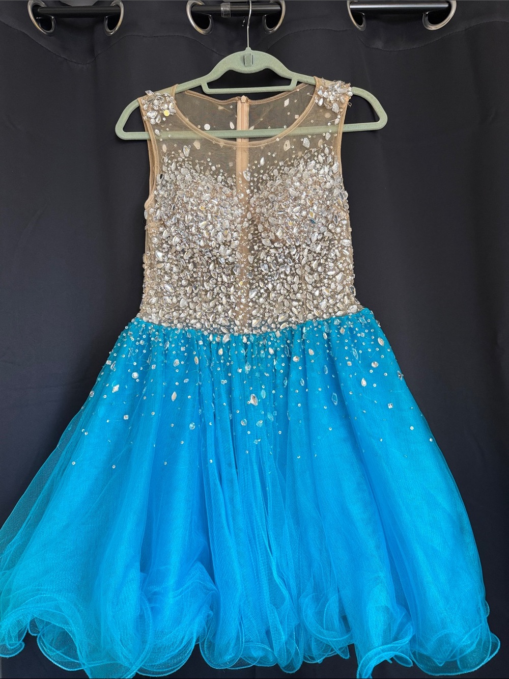 Jovani Blue Tulle Dress with Silver Beaded Bodice